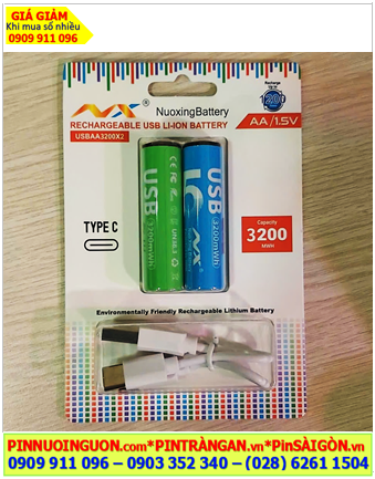 Nuoxing USBAA3200x2, Pin sạc Lithium AA 1.5v Nuoxing USBAA3200x2 /thân pin có cổng sạc USB chính hãng (Vỉ 2viên)